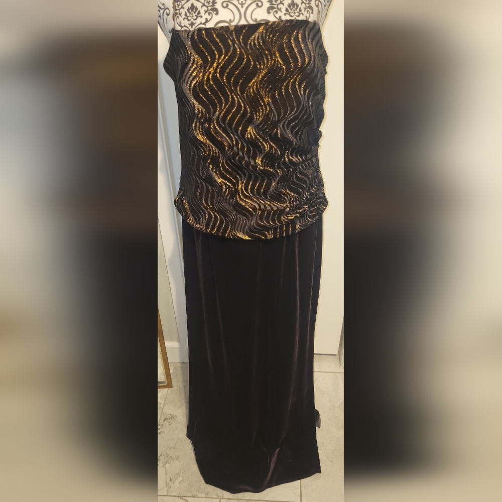 JS Boutique Rich Brown/Bronze Metallic & Velvet‎ Elegant Dress Gown US Sz 14
